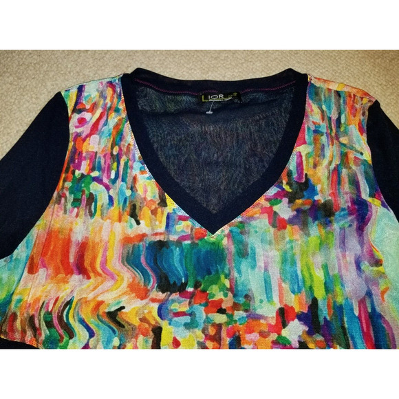 Womens Top-LIOR-PARIS-navy colorful lined asymmetric artsy abstract mesh BOHO-L - Picture 2 of 5
